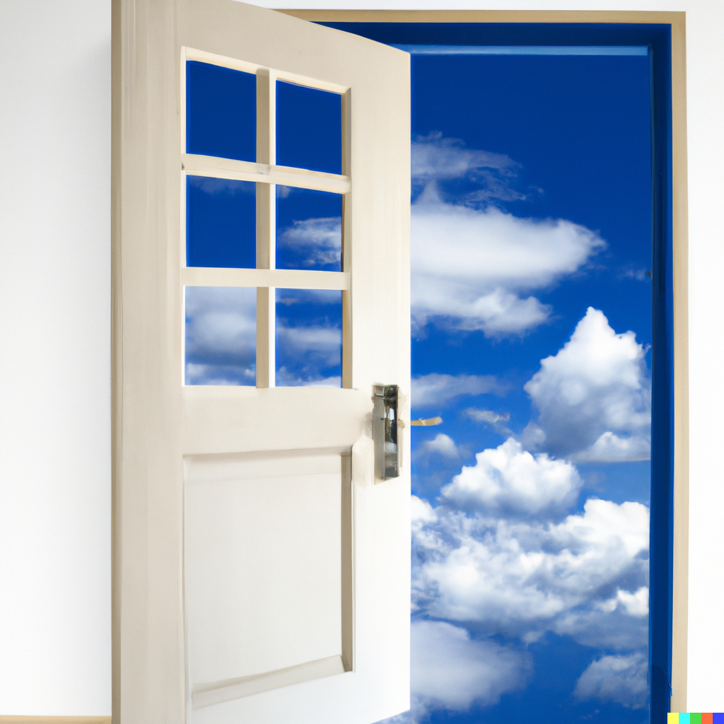 DALL-E generated image: open door to outside blue ski fluffy clouds