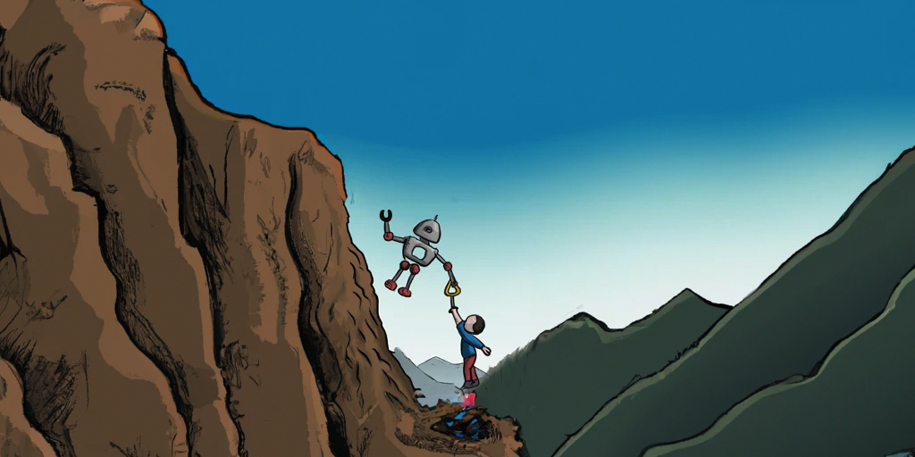 An Open AI DALL-E generated cartoon drawing made with the following prompt: A color illustration of a friendly robot lifting a person up a mountain by the hand.